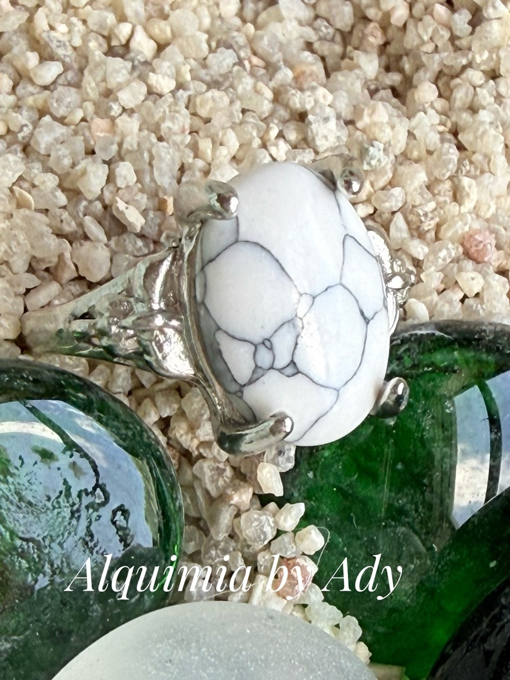 Boho + White Howlite oval Ring with Silver Accents